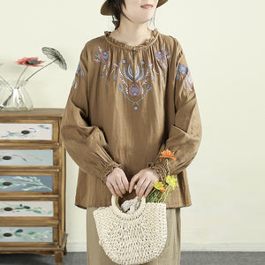 Áo sơ mi linen dài tay cổ tròn đính bèo thêu hoa lá - A720