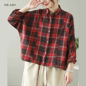 Áo sơ mi dài tay cổ đức kẻ caro vạt dây rút - A240