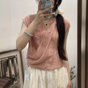 Áo T-shirt linen sát nách cổ V kiểu vạt chéo - NU10293
