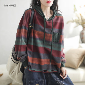Áo hoodies dài tay kẻ sọc màu vạt kiểu rách - NU9304