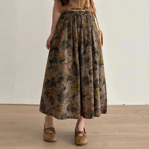 Chân váy linen lưng thun in hoa lá mộc mạc - V093
