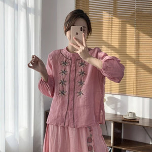 Áo sơ mi linen dài tay cổ tròn thêu những bông sao - A682