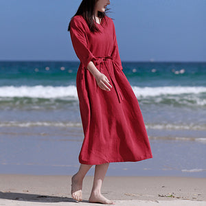Đầm liền linen tay lửng cổ V eo thắt dây một màu - NU9037