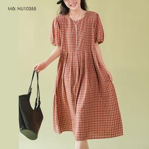 Đầm liền ngắn tay cổ tròn kẻ sọc caro chiết eo - NU10354