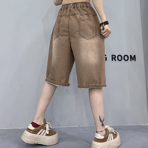 Quần sooc denim lưng thun dây rút kiểu bạc màu - Q189