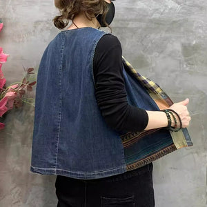 Áo khoác denim gile sát nách chắp vá caro - NU10344