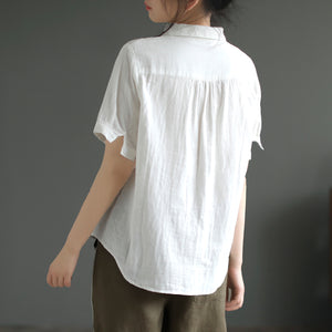 Áo sơ mi linen ngắn tay cổ đức in hoa loa kèn - NU8806