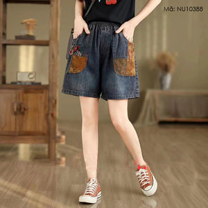 Quần sooc denim lưng thun hai túi chắp vá vải hoa - NU10388