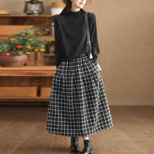 Chân váy len dạ retro kẻ sọc caro lưng thun - NU9413