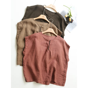 Áo T-shirt linen sát nách cổ tròn khuy cài form rộng - NU9052