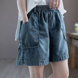 Quần sooc denim lưng thun túi bo tròn đính khuy - NU10445