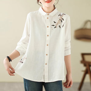 Áo sơ mi linen dài tay cổ pipi thêu nhành hoa - NU9249