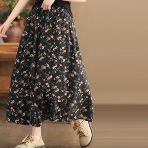 Chân váy linen retro lưng thun in hoa lá li ti hai lớp - V110