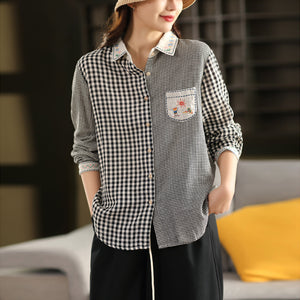 Áo sơ mi dài tay cổ đức thêu hoạt hình kẻ caro - A774
