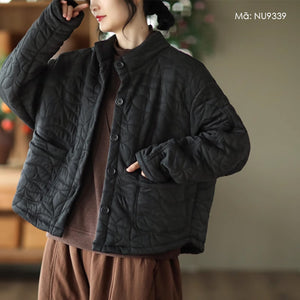 Áo khoác dài tay retro trần bông cổ đứng hai túi vuông - NU9338