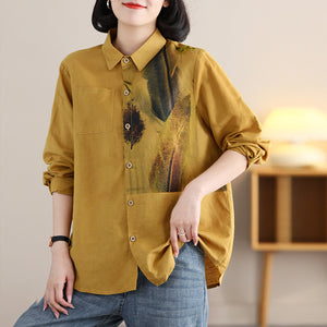 Áo sơ mi linen dài tay cổ đức in lông vũ - NU8771