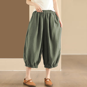 Quần baggy linen lửng lưng thun ống rộng bo gấu - Q005
