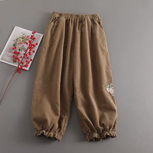 Quần baggy nhung lưng thun ống côn bo chun thêu hoa lá - NU9245