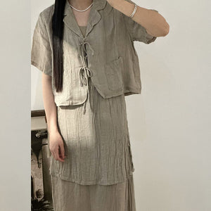 Áo sơ mi linen ngắn tay cổ vest cột dây - NU9842