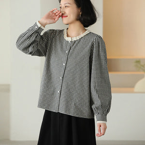 Áo sơ mi linen dài tay cổ tròn ren kẻ caro - NU10070