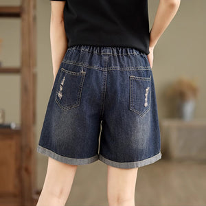 Quần sooc denim lưng thun cạp cao thêu hoa lá - Q198