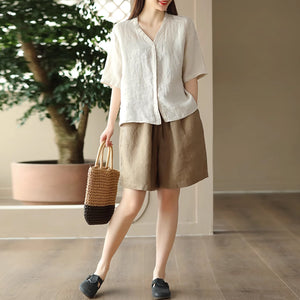 Áo sơ mi linen đơn sắc ngắn tay cổ V kiểu giấu khuy - NU8961