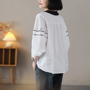 Áo sơ mi dài tay cổ tròn bẻ thêu hoa lá đối xứng - NU9074