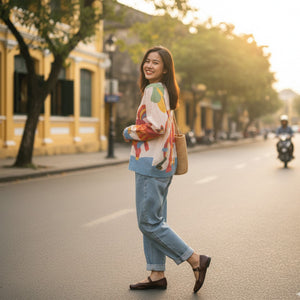 Áo khoác len cardigan dài tay cổ tròn in chú ngựa - A528