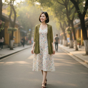 Áo khoác cardigan dệt kim ngắn tay cổ V form dài - NU9021