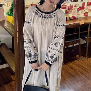 Đầm liền linen Morigirl dài tay cổ tròn thêu retro  - NU10334