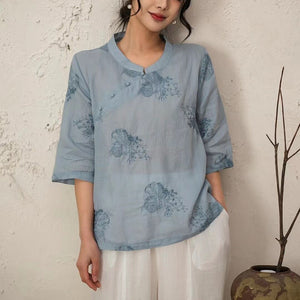 Áo sơ mi linen tay lửng cổ tròn khuy cài lệch thêu hoa lá - NU9911