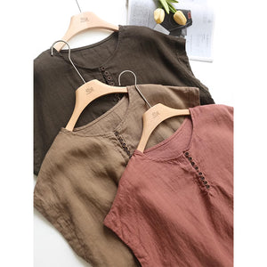 Áo T-shirt linen sát nách cổ tròn khuy cài form rộng - NU9052