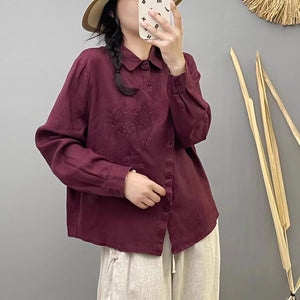 Áo sơ mi linen dài tay cổ đức thêu hoa vạt kiểu - NU9246
