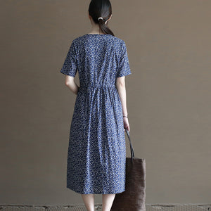 Đầm liền linen ngắn tay cổ V in hoa liti ba khuy - NU10024