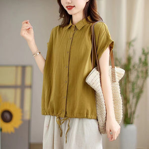 Áo sơ mi linen sát nách cổ đức vạt bằng dây rút - NU10397