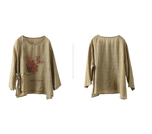 Áo sơ mi linen tay lửng cổ tròn in hoa lá thắt dây - NU10085