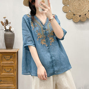 Áo sơ mi linen ngắn tay cổ V ren thêu đối xứng - NU9064