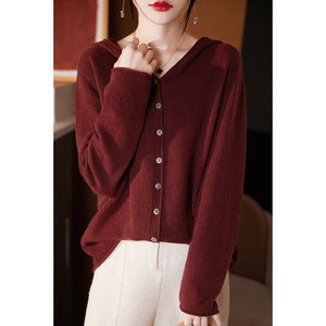 Áo khoác len cashmere dệt kim dài tay có mũ khuy cài - NU9563