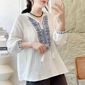 Áo hoodies sơ mi linen dài tay thêu hoa văn retro đối xứng - NU9740