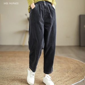 Quần baggy nhung tăm lưng thun kiểu đính hai khuy - NU9601
