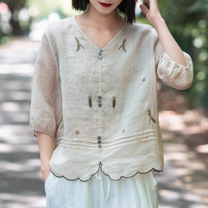 Áo sơ mi linen tay lửng cổ V thêu hoa lá vạt lượn sóng - NU9971