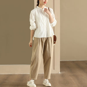 Áo sơ mi linen dài tay cổ tròn xếp ly thêu hoa văn đồng màu - NU9138