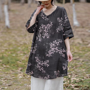 Áo sơ mi linen tay lửng cổ V form dài in hoa lá - NU10012