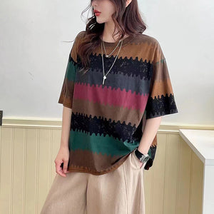Áo T-shirt ngắn tay cổ tròn kẻ sọc sắc màu pixels - NU10164