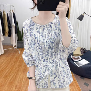 Áo sơ mi tay lửng cổ tròn xếp ly in hoa liti - NU8830