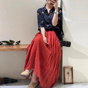 Áo sơ mi linen ngắn tay cổ đức thêu những chùm hoa - NU10175