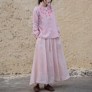 Áo sơ mi linen dài tay cổ đứng thêu hoa lá trái tim - A711