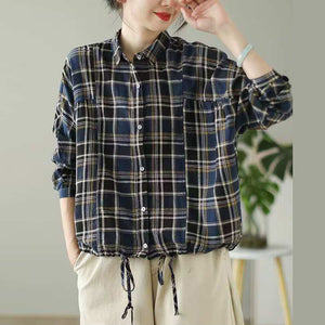 Áo sơ mi dài tay cổ đức kẻ caro vạt dây rút - A240