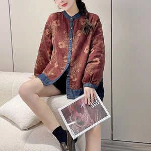 Áo sơ mi dài tay cổ đứng in hoa lá retro phối denim - NU9646