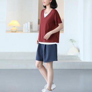 Áo T-shirt ngắn tay cổ V kiểu hai lớp lệch màu - NU10473
